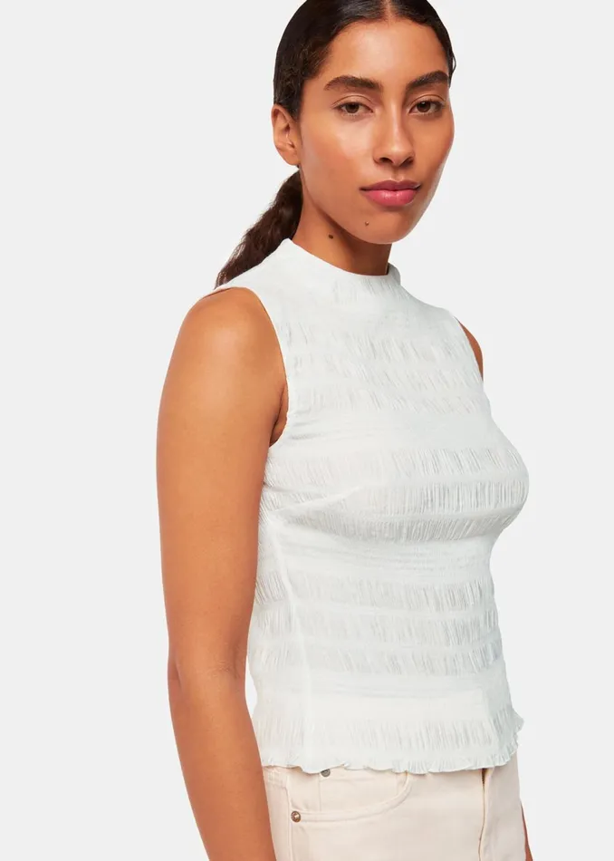 Women Tops Whistles White Plisse Sleeveless Top