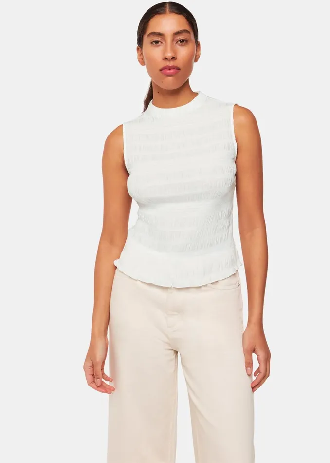Women Tops Whistles White Plisse Sleeveless Top