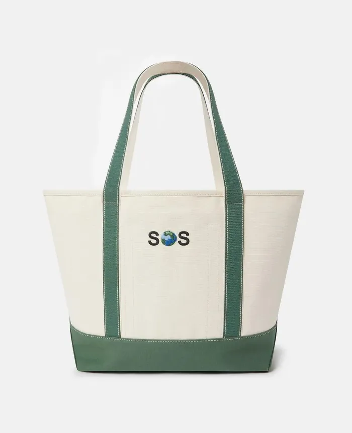 Women Tote Bags Stella McCartney SOS Embroidered Large Tote Bag Dune Beige Amazon Green Women Tote Bags Stella McCartney SOS Embroidered Large Tote Bag Dune Beige Amazon Green