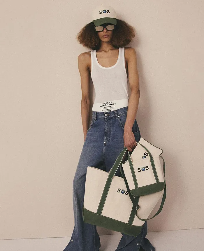 Women Tote Bags Stella McCartney SOS Embroidered Large Tote Bag Dune Beige Amazon Green