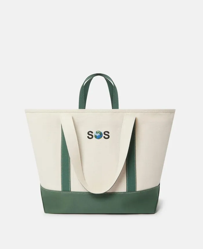 Women Tote Bags Stella McCartney SOS Embroidered Large Tote Bag Dune Beige Amazon Green
