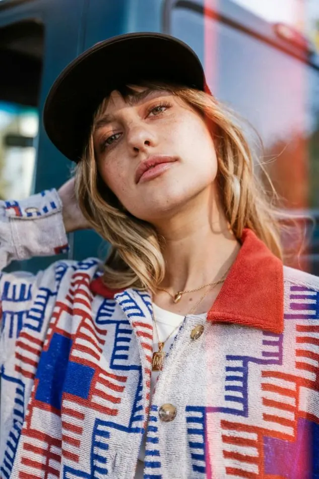 Women Trail Terry Cloth Trucker Jacket Electronic Indigo Pattern Brixton Jackets Women Trail Terry Cloth Trucker Jacket Electronic Indigo Pattern Brixton Jackets