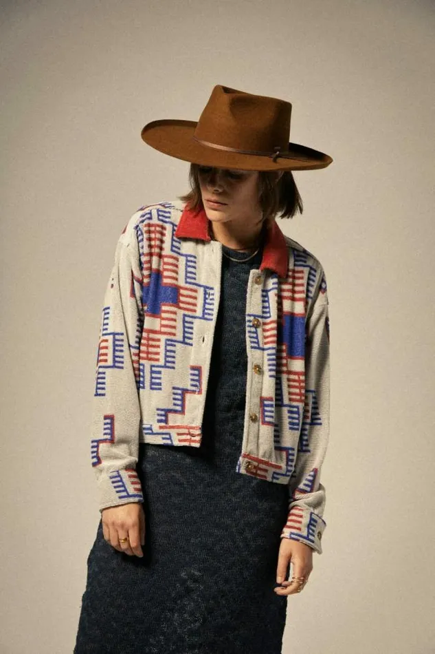 Women Trail Terry Cloth Trucker Jacket Electronic Indigo Pattern Brixton Jackets