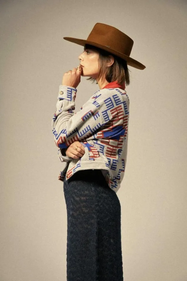 Women Trail Terry Cloth Trucker Jacket Electronic Indigo Pattern Brixton Jackets