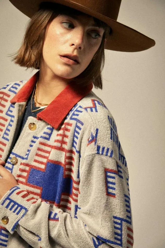 Women Trail Terry Cloth Trucker Jacket Electronic Indigo Pattern Brixton Jackets