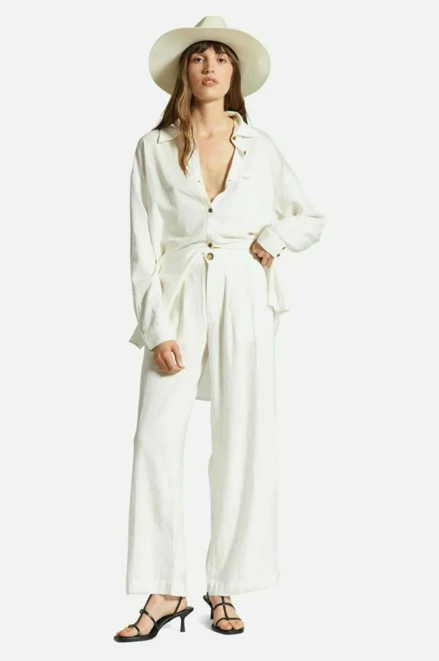 Women Vintage Linen Blend Wide Leg Pant Off White Brixton Pants
