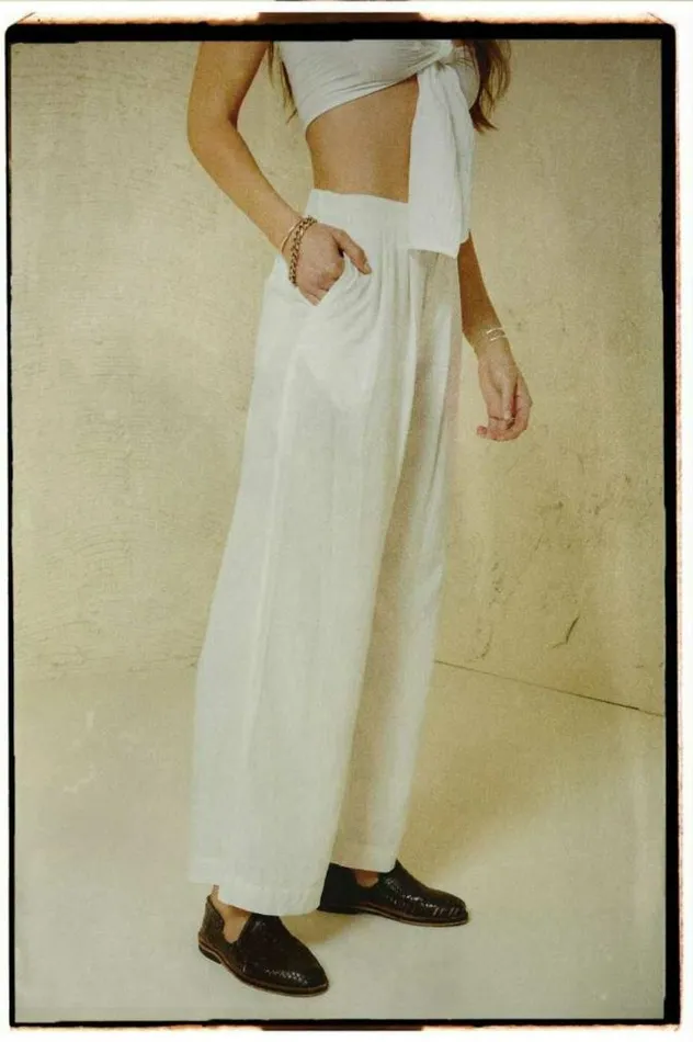 Women Vintage Linen Blend Wide Leg Pant Off White Brixton Pants