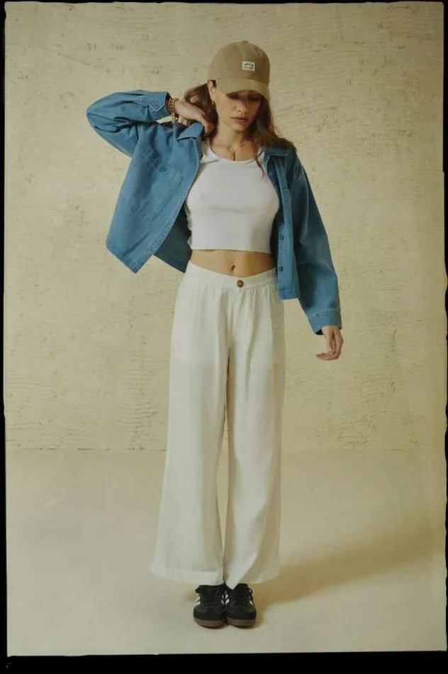 Women Vintage Linen Blend Wide Leg Pant Off White Brixton Pants