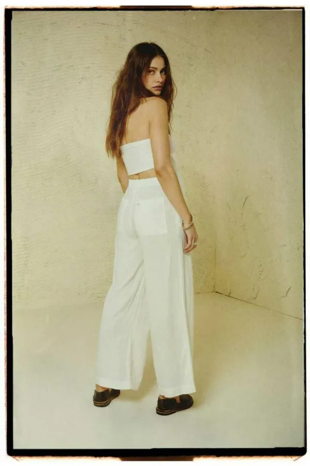 Women Vintage Linen Blend Wide Leg Pant Off White Brixton Pants